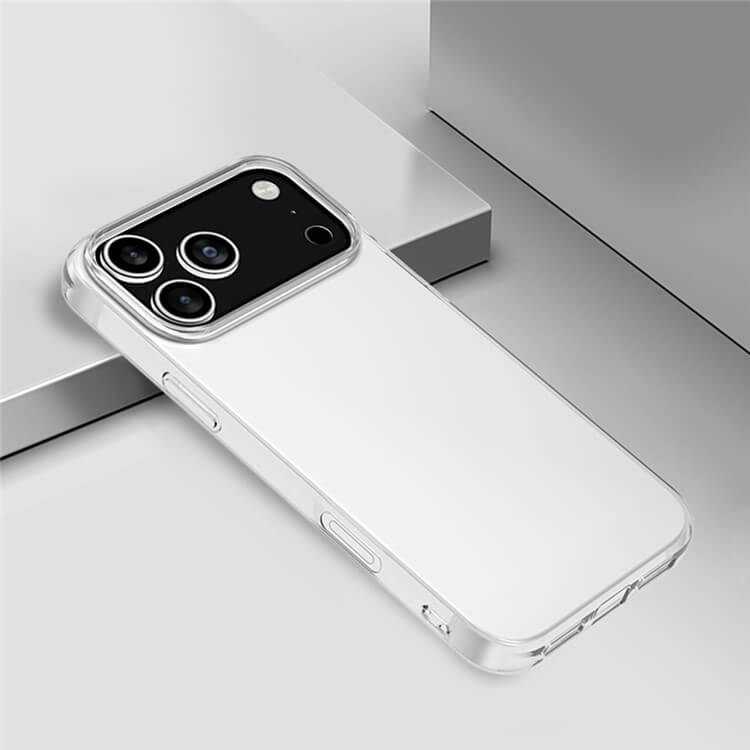 Das transparente Silikon Gummi Case von Cover-Discount für das iPhone 17 Pro mit Antifingerprint-Schutz liegt auf einem weißen Smartphone auf einer hellgrauen Oberfläche.