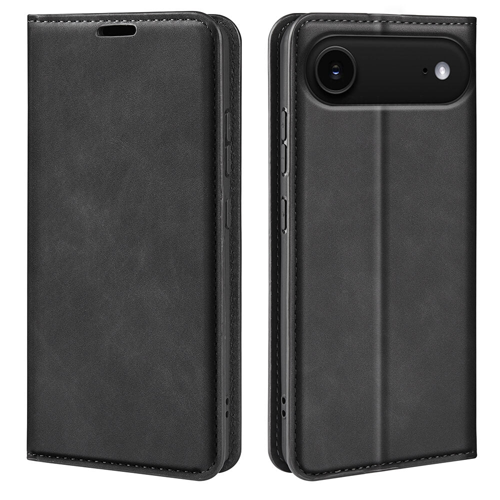 Das offen und geschlossen gezeigte Cover-Discount iPhone 17 Air - Stand Flip Case Hülle verfügt über ein schwarzes Lederdesign mit Kameraausschnitt, Frontcover und praktischen Kartenfächern im Inneren.