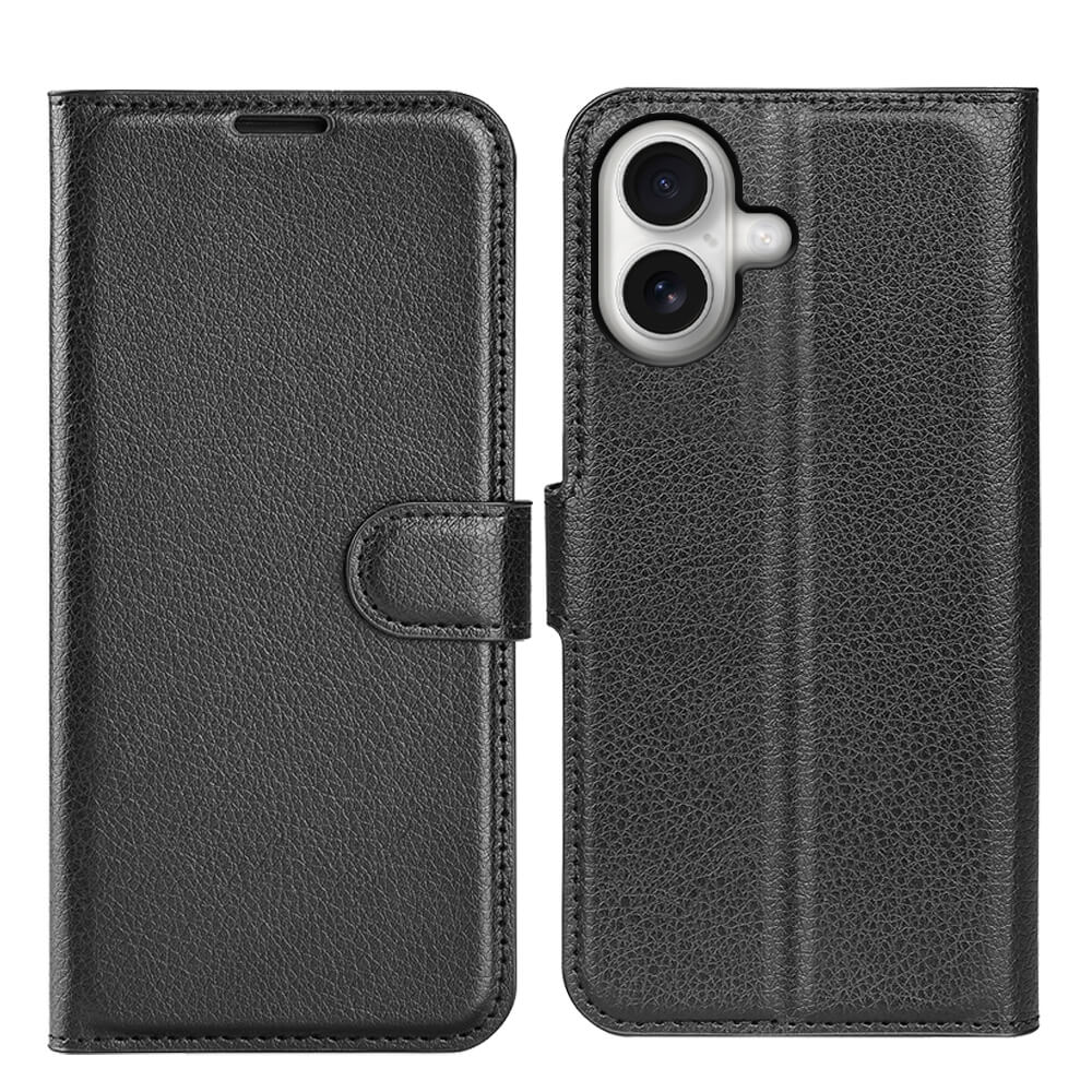 #farbe_schwarz|Cover-Discount iPhone 17 - Leder Etui Hülle, mit Magnetverschluss, offen und geschlossen dargestellt; für Dual-Kamera-Smartphones konzipiert.
