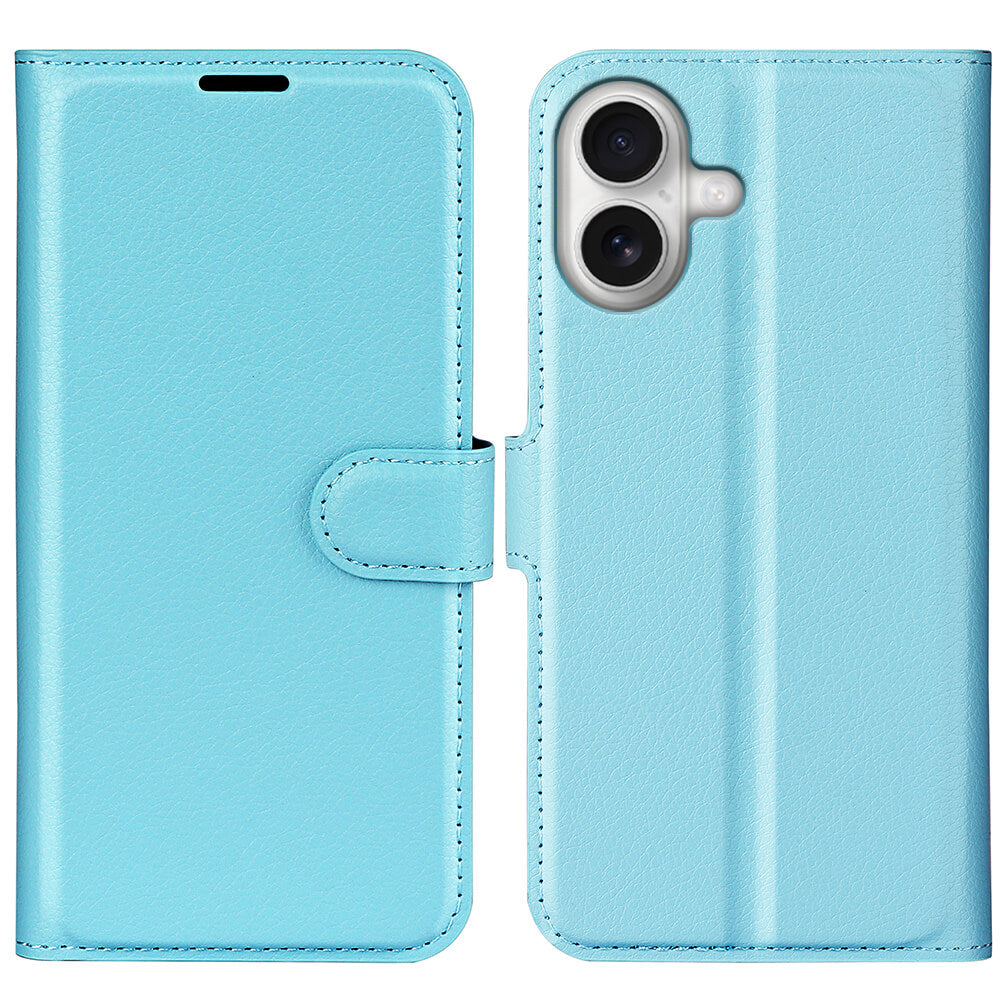 Die hellblaue Cover-Discount iPhone 17 - Leder Etui Hülle verfügt über eine Kameraaussparung und einen Magnetverschluss und vereint Stil und Schutz in einer eleganten Handyhülle.