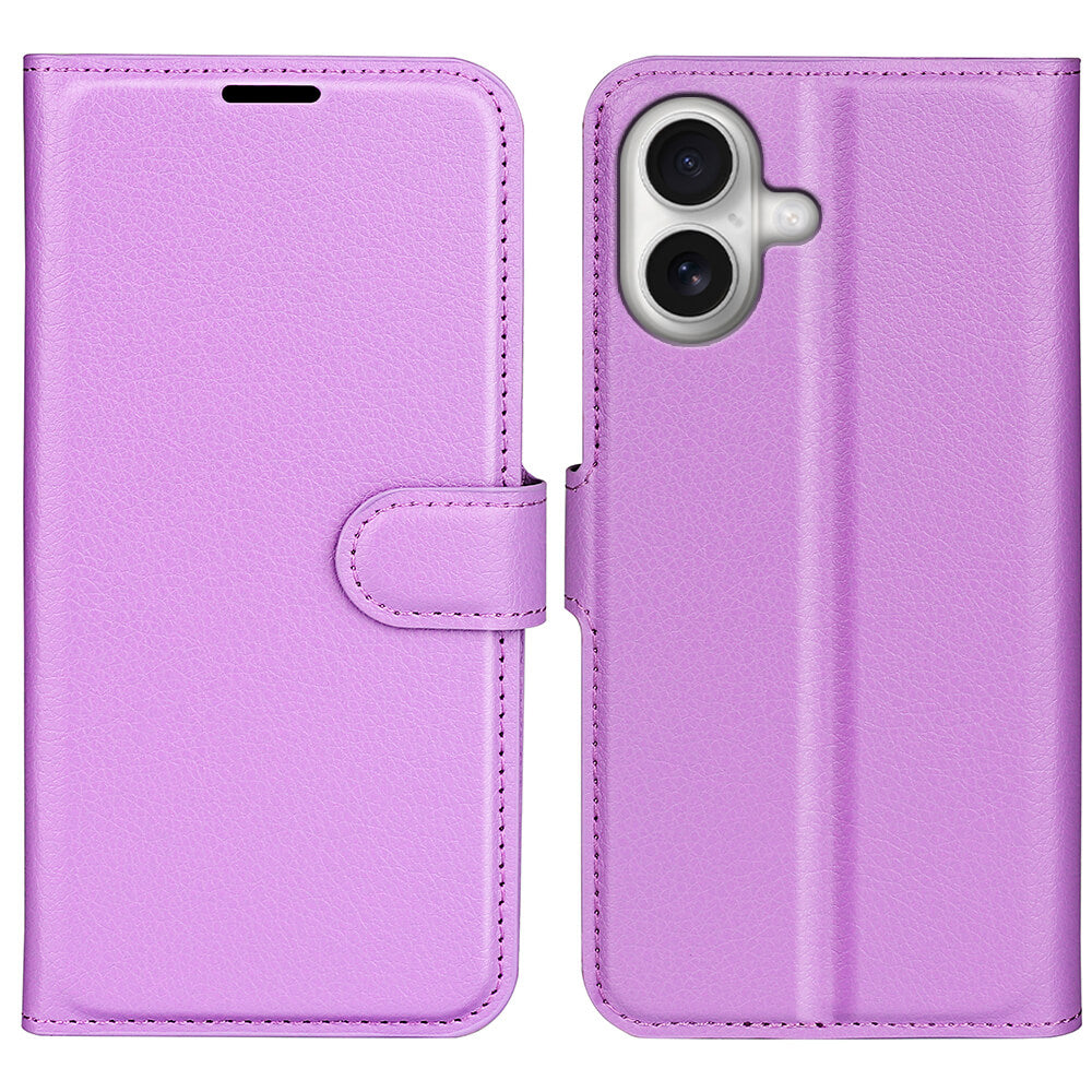 Das Cover-Discount iPhone 17 - Leder Etui Hülle in Pink wird offen und geschlossen gezeigt, mit passgenauem Kameraausschnitt und praktischem Magnetverschluss.
