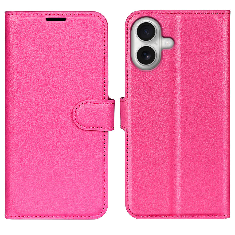 Das Cover-Discount iPhone 17 - Leder Etui Hülle in leuchtendem Pink wird vorne und hinten gezeigt, mit sichtbarem Kameraausschnitt und Magnetverschluss.