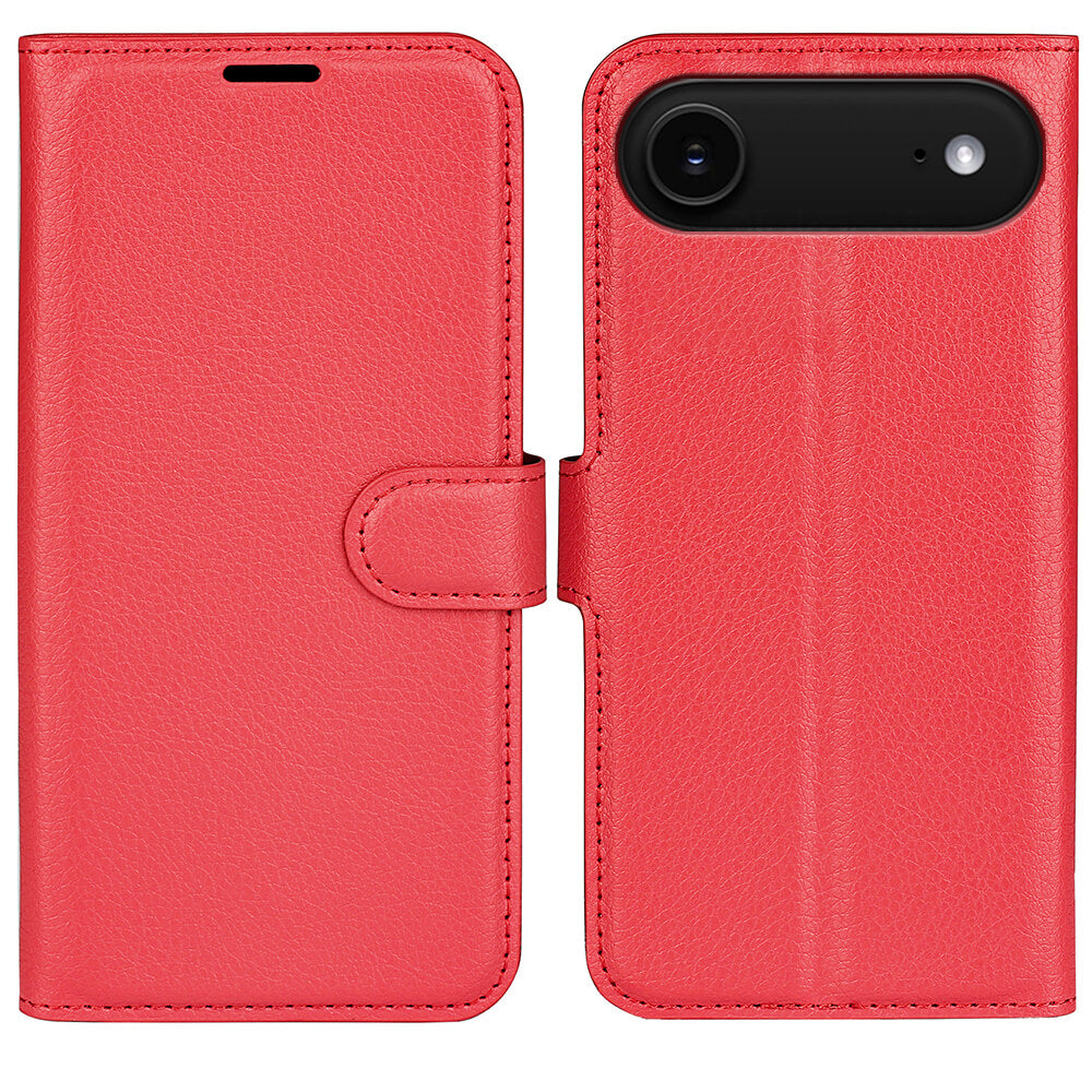 Das rote iPhone 17 Air - Leder Etui Hülle von Cover-Discount mit Magnetverschluss ist offen dargestellt, sodass Vorder- und Rückseite des Schutzcase sichtbar sind.