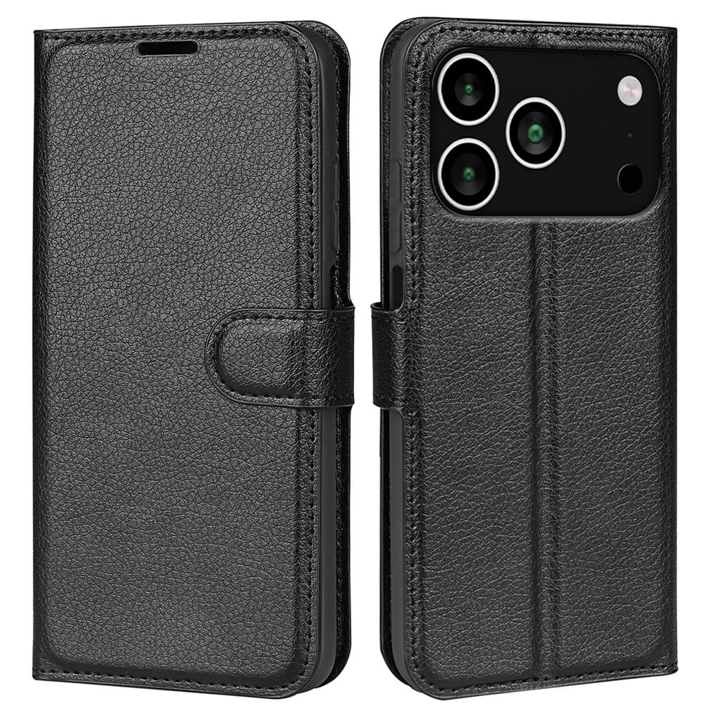 Cover-Discount iPhone 17 Pro - Leder Etui Hülle: Schwarzes Kunstleder, Kartenfächer, Kameraschutzausschnitt und Magnetverschluss - offen und geschlossen abgebildet.