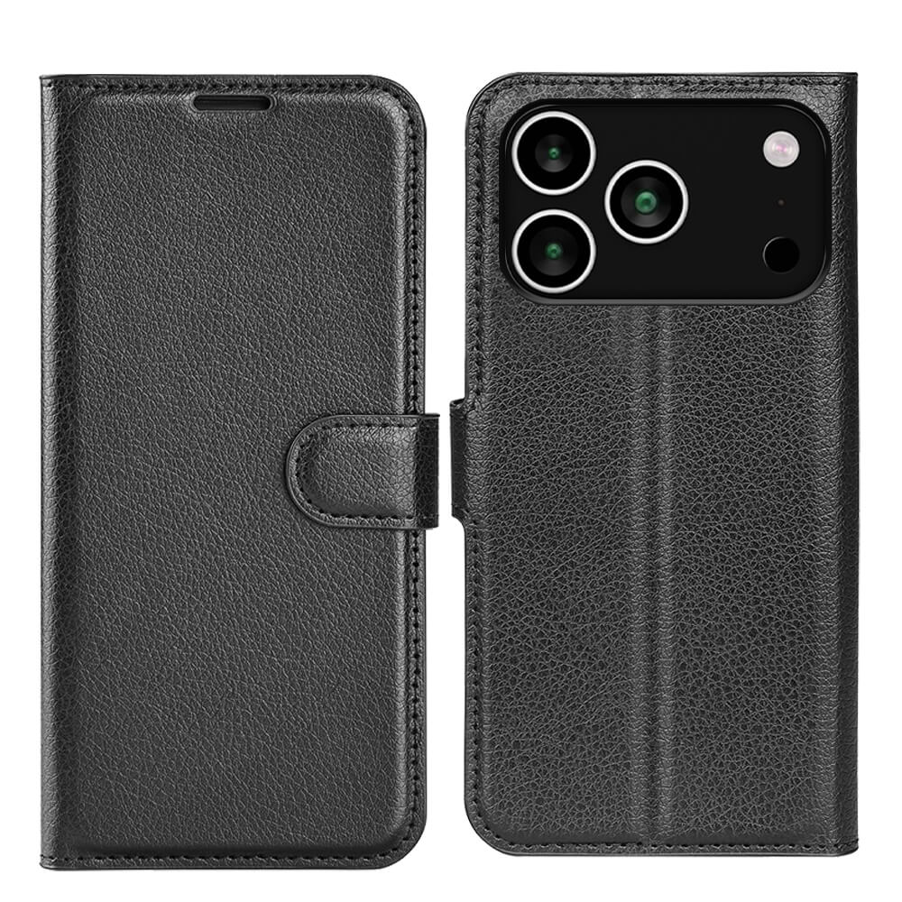 #farbe_schwarz|Das Cover-Discount iPhone 17 Pro - Leder Etui Hülle in Schwarz, geöffnet, zeigt Innen- und Außenseite mit Kameraausschnitt sowie praktischen Kartenfächern.