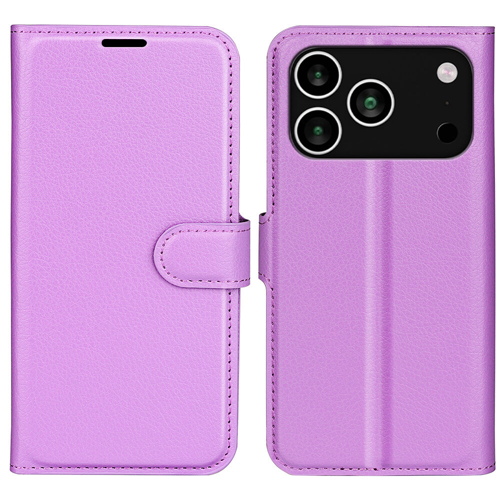Die Cover-Discount iPhone 17 Pro - Leder Etui Hülle in Lila mit Kartenfächern wird offen und geschlossen gezeigt, verfügt über Kameraaussparungen auf der rechten Seite.