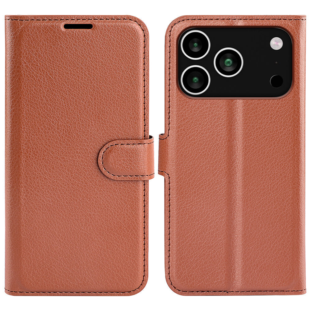 Cover-Discount iPhone 17 Pro - Leder Etui Hülle in Braun aus Kunstleder, geöffnet, zeigt Vorder- und Rückseite mit Kameraausschnitt sowie praktische Kartenfächer.