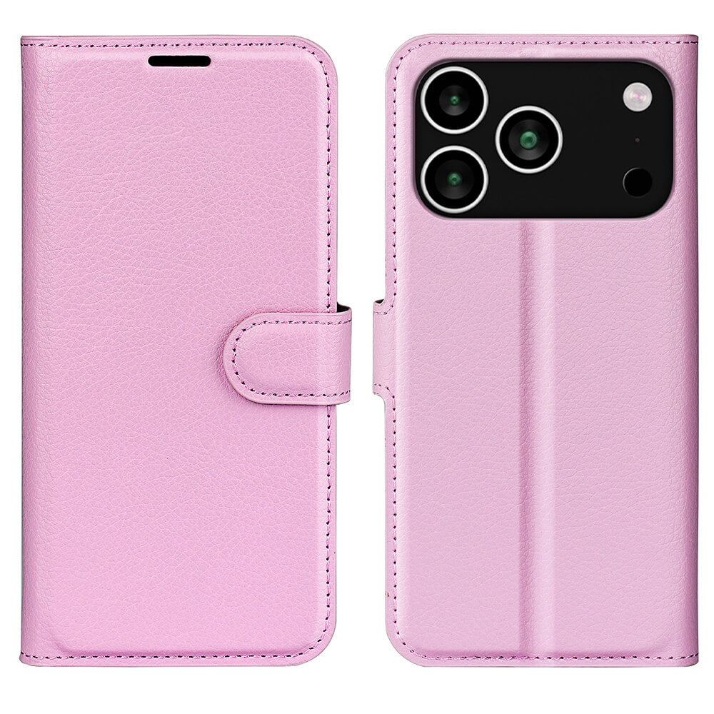 Die Cover-Discount iPhone 17 Pro - Leder Etui Hülle in Hellrosa verfügt über Kartenfächer, einen Kameraausschnitt und einen sicheren Schnappverschluss und ist offen und geschlossen abgebildet.