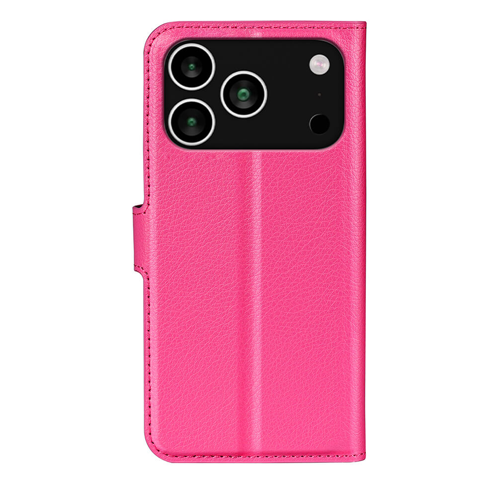 Das Cover-Discount iPhone 17 Pro - Leder Etui Hülle bietet ein pinkes wallet-style Case mit Kartenfächern und exaktem Ausschnitt für die Triple-Kamera.