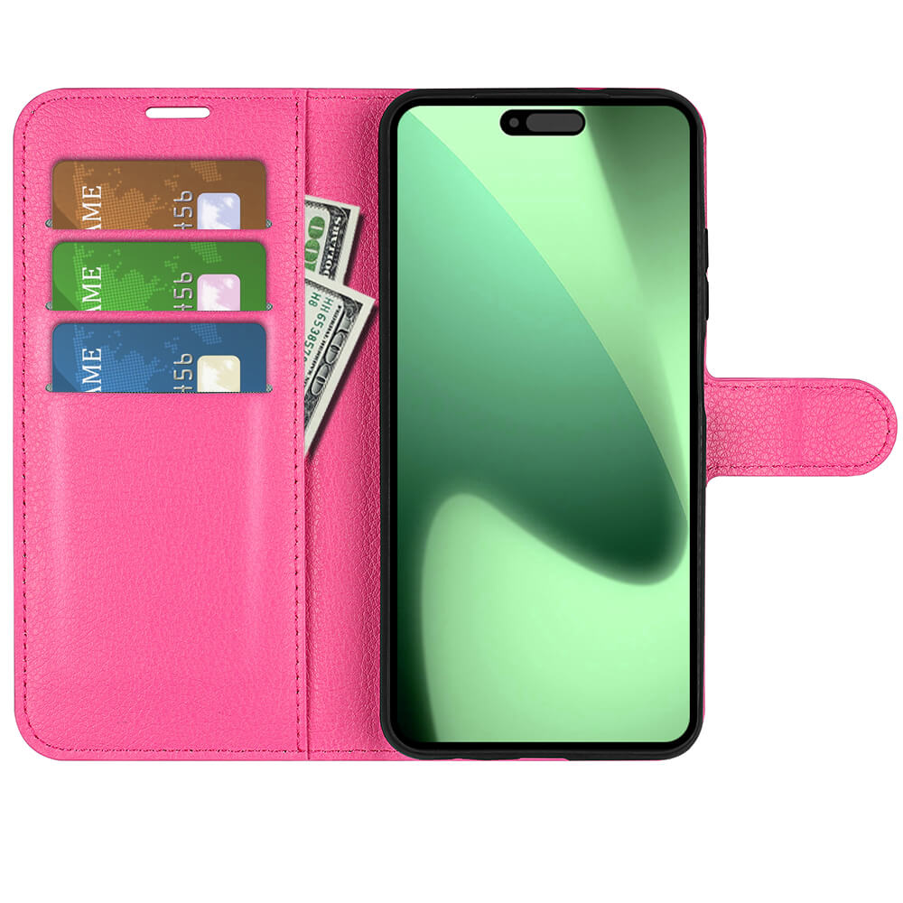 Das Cover-Discount iPhone 17 Pro - Leder Etui Hülle in Pink bietet drei Kartenfächer und ein Fach für Bargeld neben dem Smartphone, wenn es geöffnet ist.
