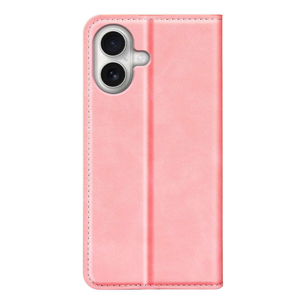 Das iPhone 17 - Stand Flip Case Hülle von Cover-Discount ist in Pink mit einer Kameraaussparung, von hinten gesehen, vor einem weißen Hintergrund abgebildet.