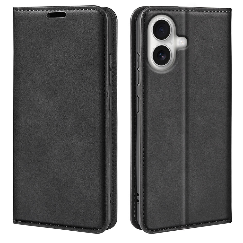 Das Cover-Discount iPhone 17 - Stand Flip Case Hülle in schwarzem Leder wird aus zwei Blickwinkeln geschlossen gezeigt, wobei der Kameraausschnitt, der Zugriff auf die Tasten und die praktische Standfunktion hervorgehoben werden.