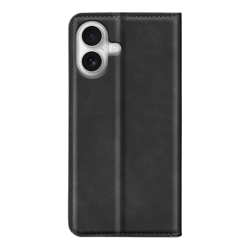 Die Cover-Discount iPhone 17 - Stand Flip Case Hülle aus schwarzem Leder mit Kameraausschnitt, auf weißem Hintergrund von hinten gezeigt, bietet praktische Kartenfächer sowie stilvollen Schutz für Ihr Gerät.
