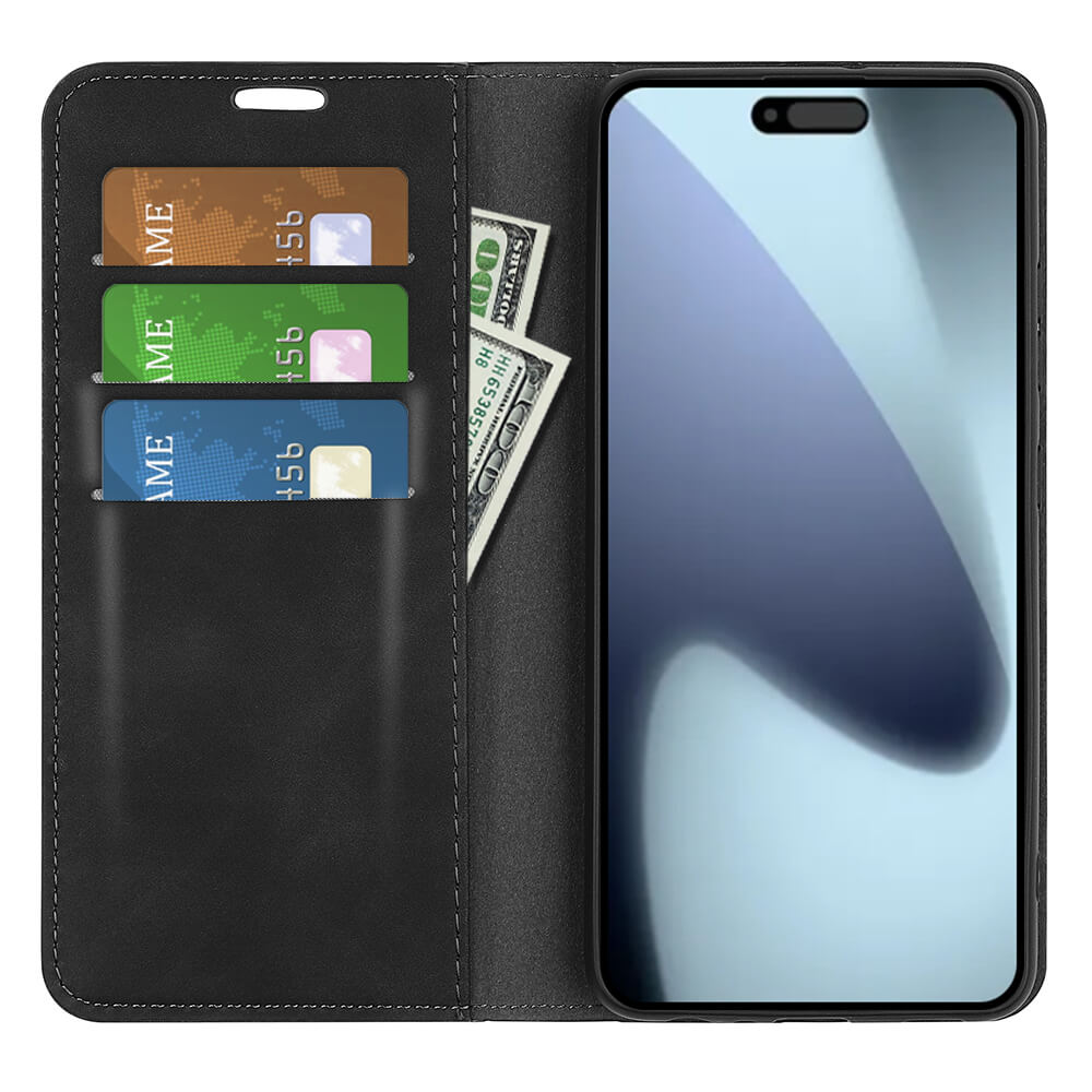 Das Cover-Discount iPhone 17 - Stand Flip Case Hülle hält Ihr Smartphone, drei Karten und Bargeld sicher, während das Telefon im Inneren einen abstrakten Bildschirm zeigt.