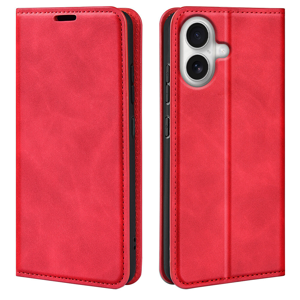 Das Cover-Discount iPhone 17 - Stand Flip Case Hülle zeichnet sich durch ein rotes Lederdesign mit faltbarem Deckel und Kameraausschnitt aus, das eleganten Stil und praktische Standfunktion für Ihr Gerät vereint. Abgebildet offen und geschlossen.