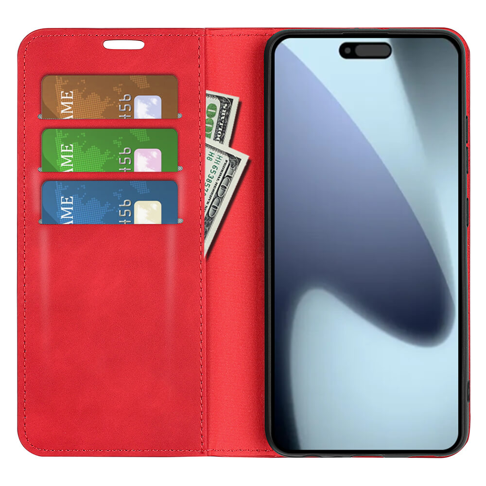 Die Cover-Discount iPhone 17 - Stand Flip Case Hülle bietet drei Kartenfächer, Platz für Bargeld und Ihr Smartphone sowie eine Standfunktion - stilvoll mit blauem Hintergrund.