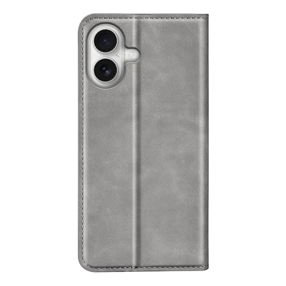 Das Cover-Discount iPhone 17 - Stand Flip Case Hülle in grauem Leder verfügt über einen abgesteppten Rand, einen Kameraausschnitt und ist von hinten abgebildet.