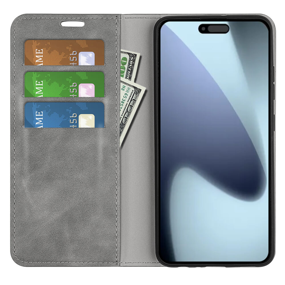 Die Cover-Discount iPhone 17 - Stand Flip Case Hülle in grau bietet neben dem Telefon Platz für Karten und Bargeld - eine praktische Handyhülle mit Kartenfächern für den täglichen Gebrauch.
