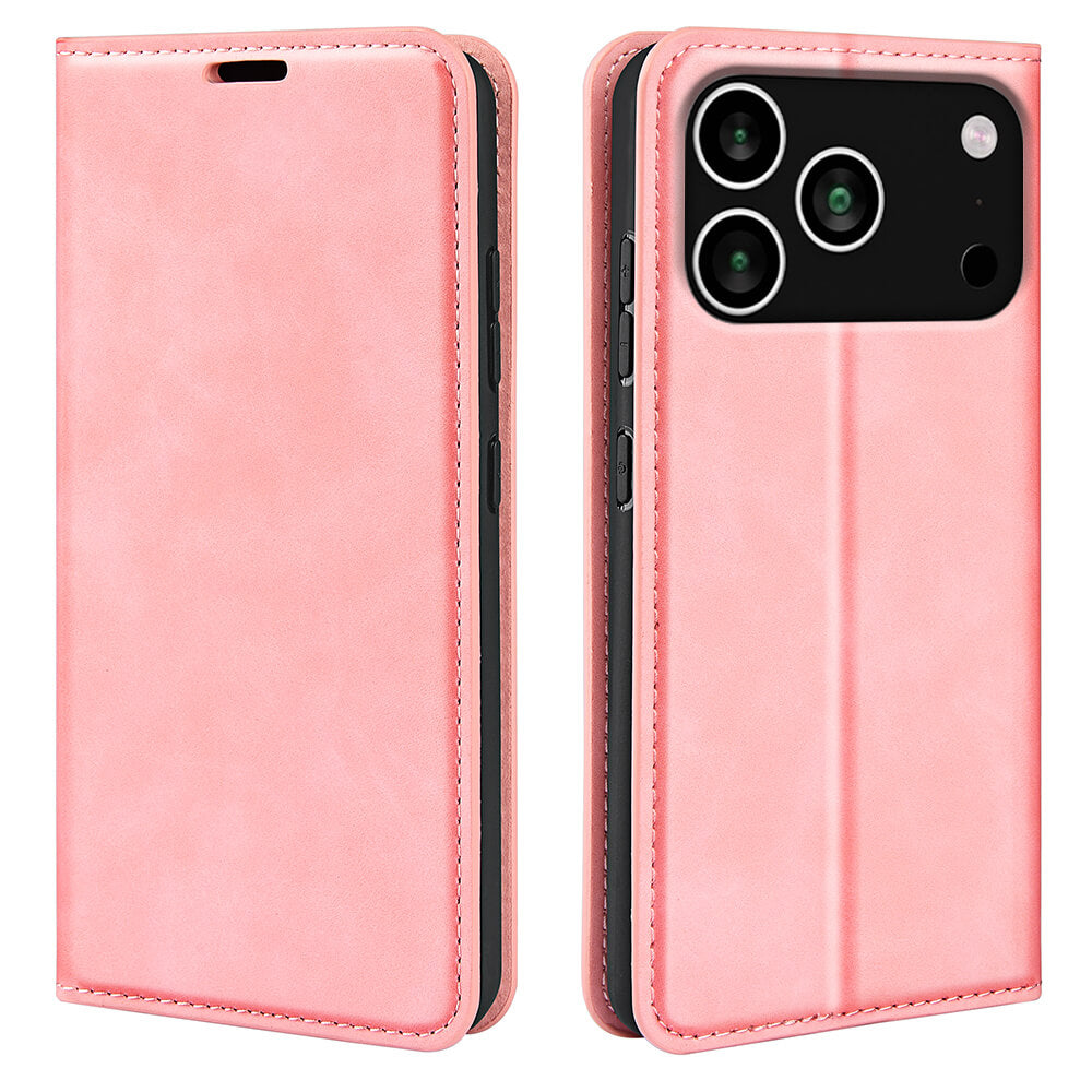 Das Cover-Discount iPhone 17 Pro - Stand Flip Case Hülle aus rosa Leder ist auf der Vorder- und Rückseite abgebildet und verfügt über einen Kameraausschnitt, eine Klappe und praktische Kartenfächer für zusätzlichen Komfort.
