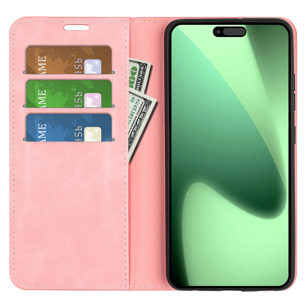 Die iPhone 17 Pro - Stand Flip Case Hülle von Cover-Discount in Pink bietet Platz für drei Karten, Bargeld und schützt Ihr Smartphone mit grünem Bildschirm - perfekt als vielseitige Schutzhülle.
