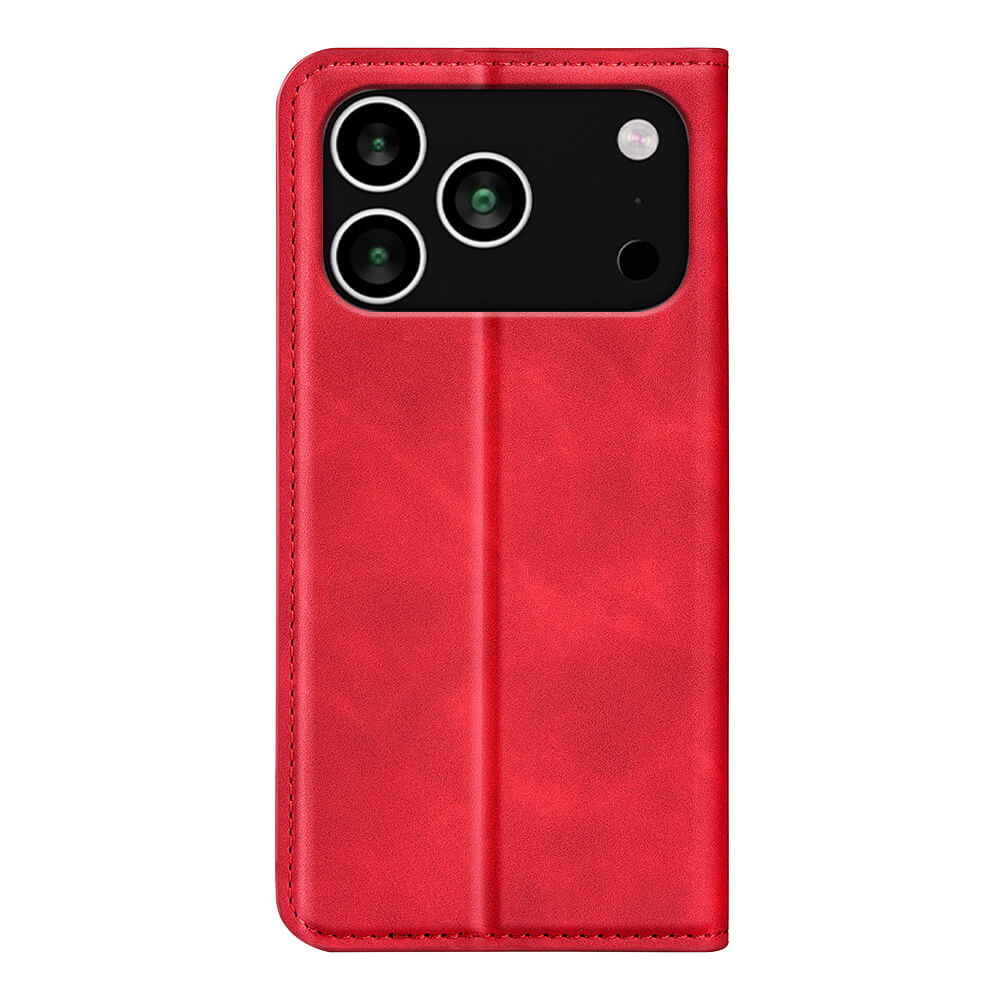 Cover-Discount iPhone 17 Pro - Stand Flip Case Hülle in Rot, mit Ausschnitten für dreifache Kamera, Blitz und Sensor, präsentiert vor weißem Hintergrund.
