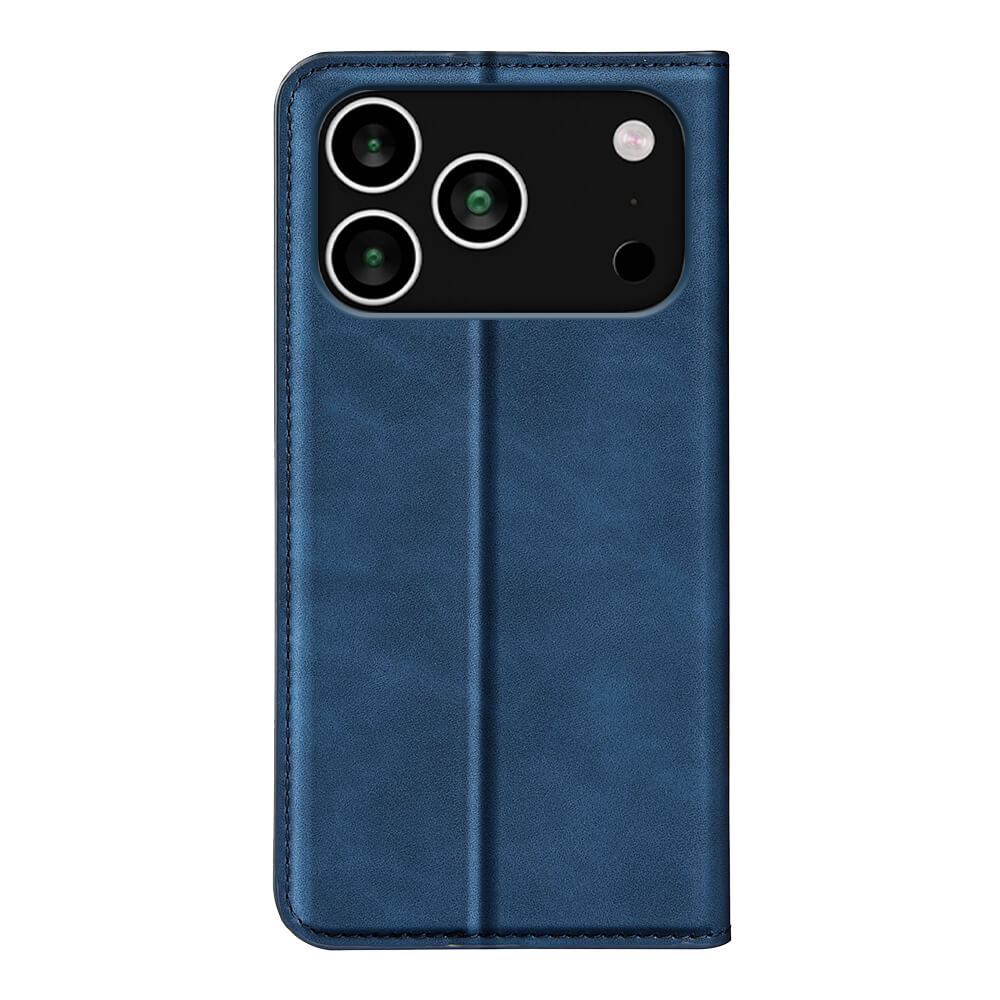 Das Cover-Discount iPhone 17 Pro Max - Stand Flip Case Hülle aus blauem Leder ist von der Rückseite mit drei Kameraausschnitten vor einem weißen Hintergrund abgebildet.