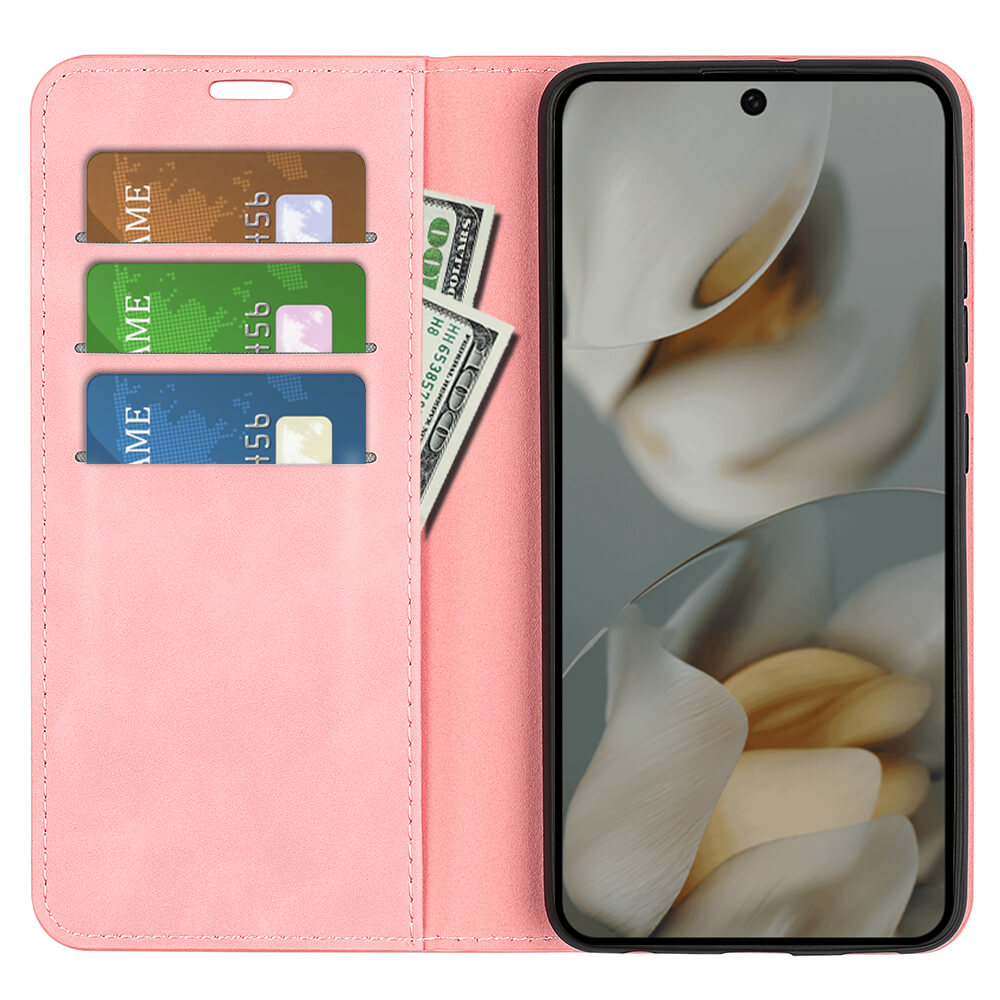 Das Cover-Discount Google Pixel 10 Pro XL - Stand Flip Case Hülle in Pink zeigt ein abstraktes Blumendesign und bietet Platz für Ihr Smartphone, drei Karten und Bargeld - eine Kombination aus Stil und Funktion in einer praktischen Hülle.