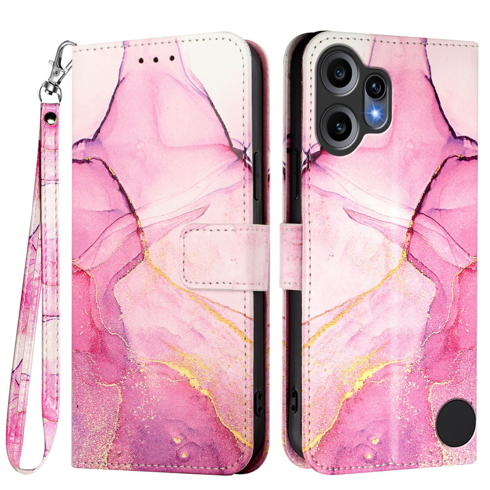 Cover-Discount CMF Phone 2 Pro - Hülle mit Marble Motiv in Pink und Gold, mit Kameraaussparung, Magnetverschluss, Trageschlaufe und praktischen Kartenfächern - offen und geschlossen abgebildet.
