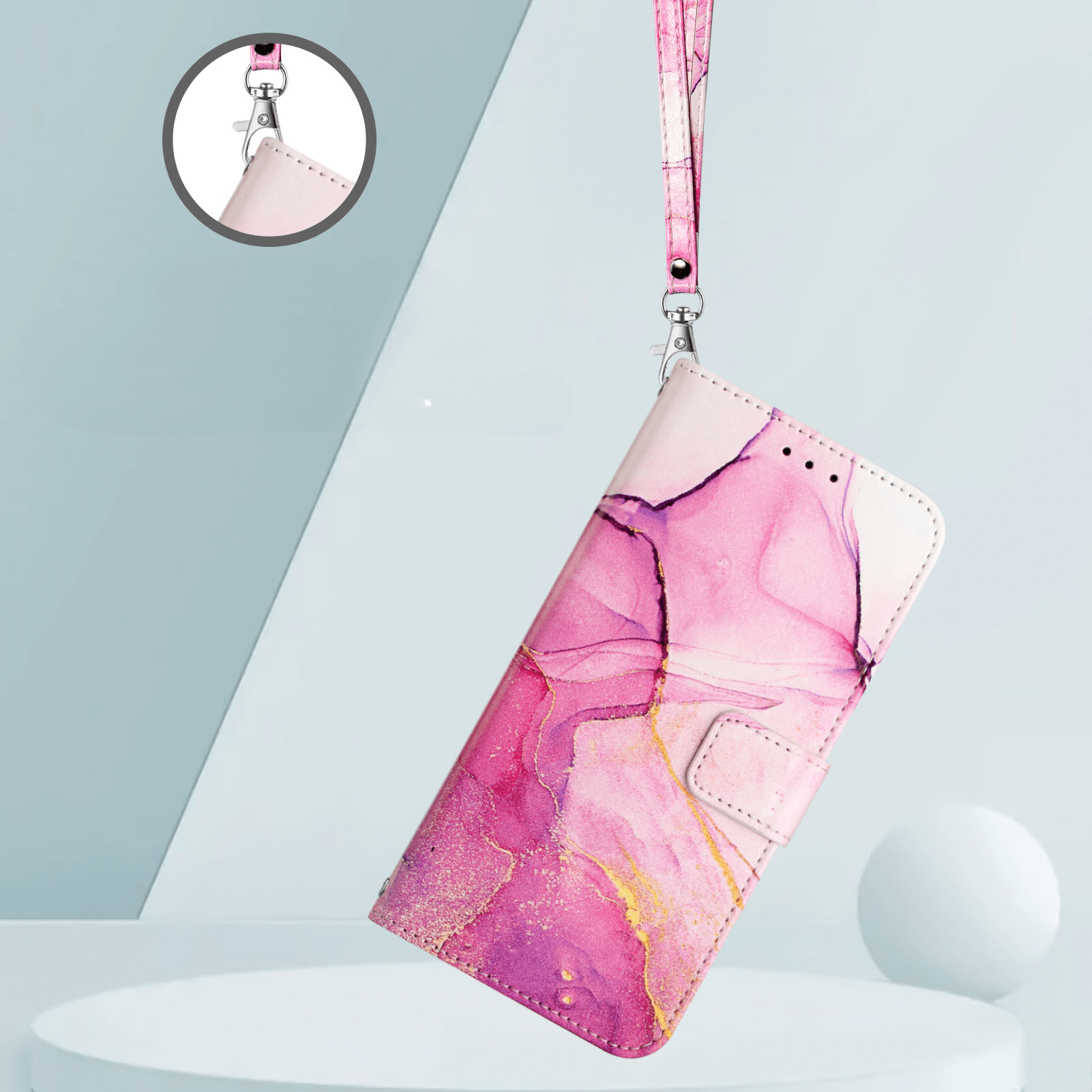 Die Cover-Discount CMF Phone 2 Pro - Hülle mit Marble Motiv in Pink mit goldfarbenen Akzenten und passendem Band präsentiert sich auf einem minimalistischen, pastellfarbenen Hintergrund.