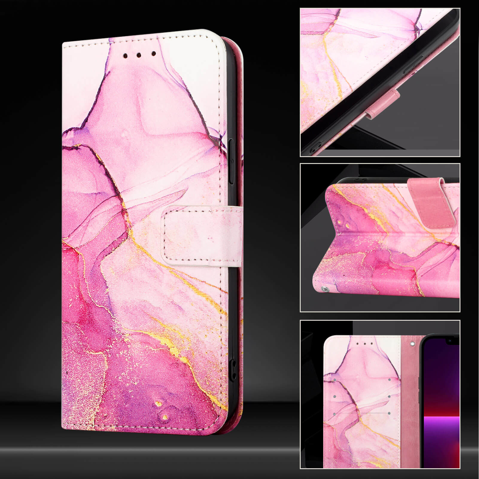 Das Cover-Discount CMF Phone 2 Pro - Hülle mit Marble Motiv in pink und lila mit goldenen Akzenten wird geschlossen und geöffnet aus verschiedenen Blickwinkeln gezeigt.