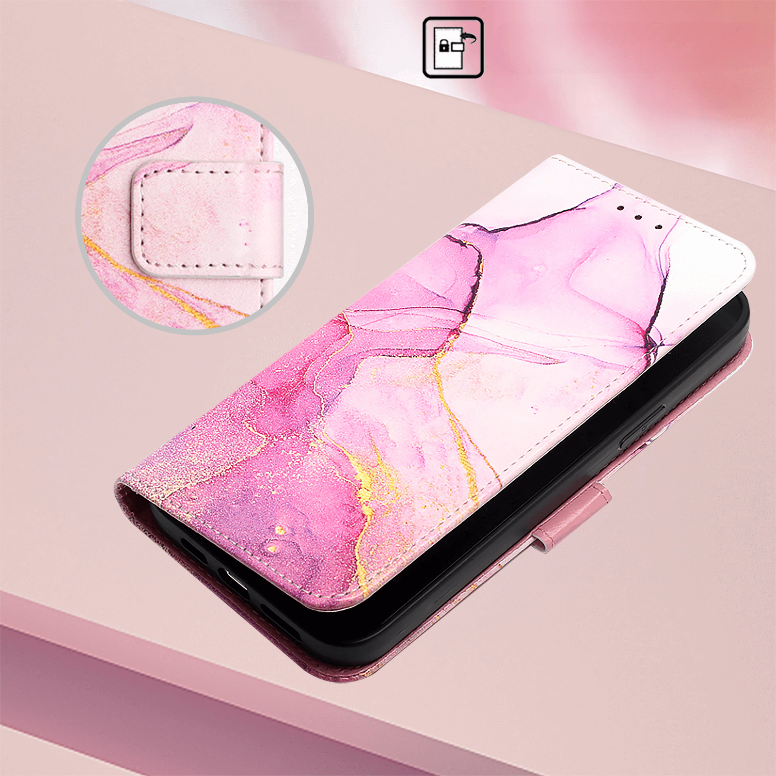 Cover-Discount CMF Phone 2 Pro - Hülle mit Marble Motiv in Pink mit goldenen Akzenten, geschlossen auf pinkem Untergrund, zeigt im Detail den Magnetverschluss.
