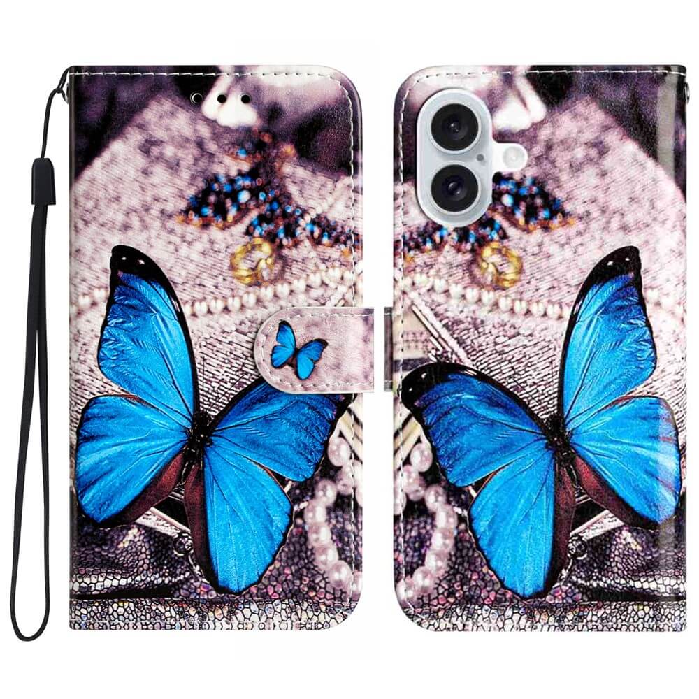 Die iPhone 17 - Tasche Hülle mit Motiv von Cover-Discount zeigt ein leuchtend blaues Schmetterlingsdesign auf funkelndem Hintergrund samt passendem Band und bietet optimalen Rundum-Schutz.