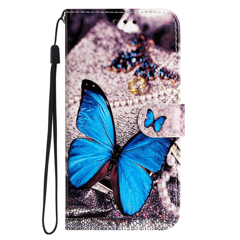 #farbe_blue-jewel|Die Cover-Discount iPhone 17 Pro - Tasche Hülle mit Motiv bietet Rundum-Schutz und Eleganz dank großem blauen Schmetterling, kleinem Schmetterling am Verschluss und schwarzem Handgelenkriemen.