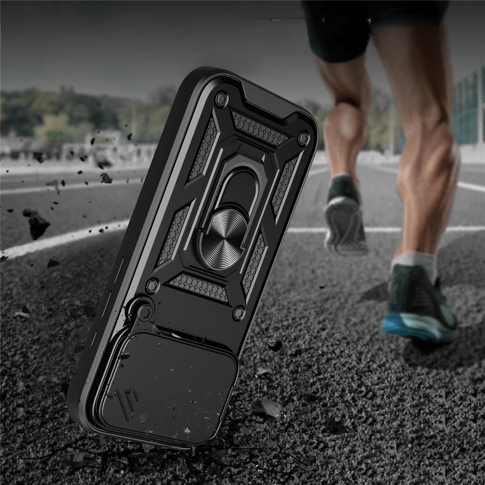 Nahaufnahme des Cover-Discount iPhone 17 Pro - Armor Case mit Kickstand zum Schutz eines Geräts in der Nähe eines Läufers auf einer Rennstrecke - ideal für alle, die strapazierfähigen Schutz und Funktion suchen.