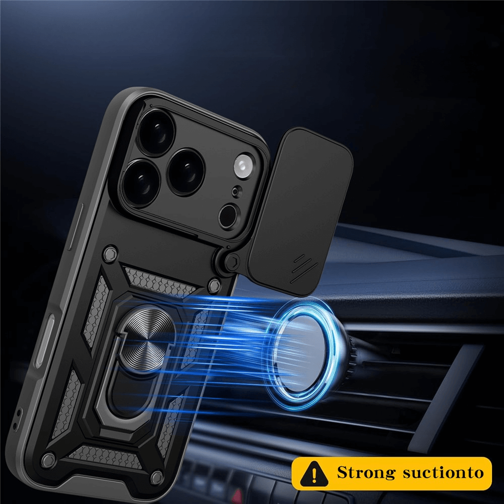 Das Cover-Discount iPhone 17 Pro - Armor Case mit Kickstand lässt sich magnetisch an einer Autohalterung befestigen und bietet starken Halt, geliefert in einer gelben Box.