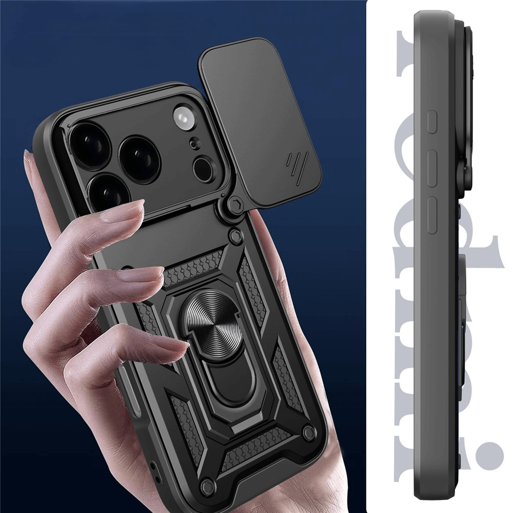 Eine Hand hält das Cover-Discount iPhone 17 Pro - Armor Case mit Kickstand, mit Kameraabdeckung und integriertem Kickstandring, dargestellt von vorne und von der Seite.