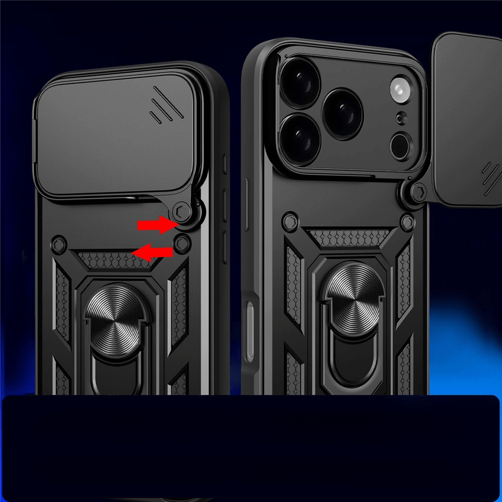 Abgebildet sind zwei schwarze Cover-Discount Armor Cases mit Kickstand für das iPhone 17 Pro: eines mit geschlossener Kameraabdeckung auf der linken Seite, eines offen auf der rechten Seite, hervorgehoben durch rote Pfeile. Diese robuste Handyhülle bietet starken Schutz und einen integrierten Kickstand.