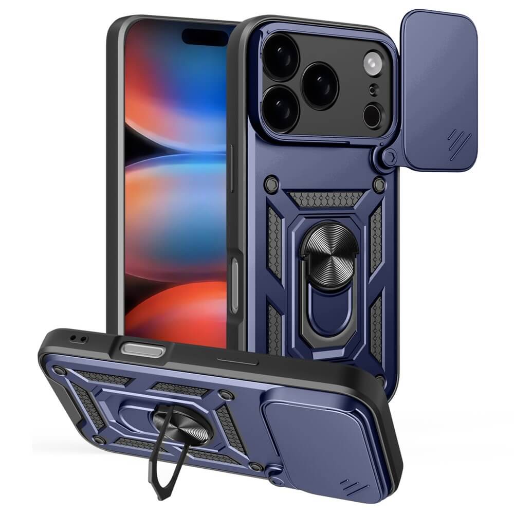 Die Cover-Discount iPhone 17 Pro - Armor Case mit Kickstand in Blau bietet robusten Schutz und eine Kameraabdeckung, die aus verschiedenen Perspektiven präsentiert wird.