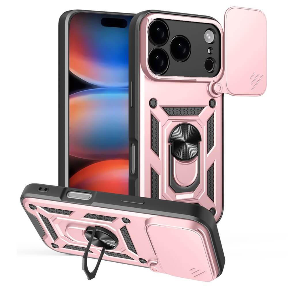 Die Cover-Discount iPhone 17 Pro - Armor Case mit Kickstand, in Pink und Schwarz, bietet robusten Schutz und Kamerabdeckung. Die Hülle wird auf und neben dem Gerät gezeigt.