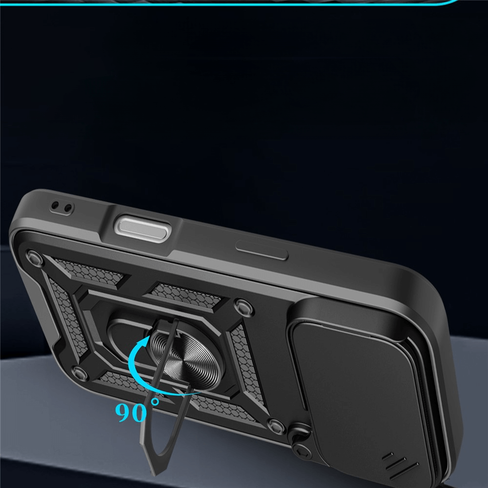 Robuste Schutzhülle: Cover-Discount iPhone 17 Pro Max - Armor Case mit 90° Kickstand, geometrischem Muster und Kameraschutz.