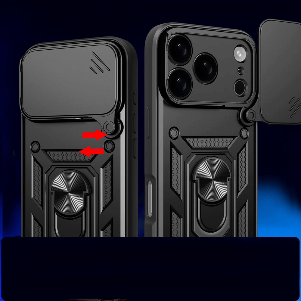 Zwei schwarze Cover-Discount Armor Case mit Kickstand-Hüllen für das iPhone 17 Pro Max, jeweils mit einer verschiebbaren Kameraabdeckung - eine offen, eine geschlossen - werden nebeneinander gezeigt.