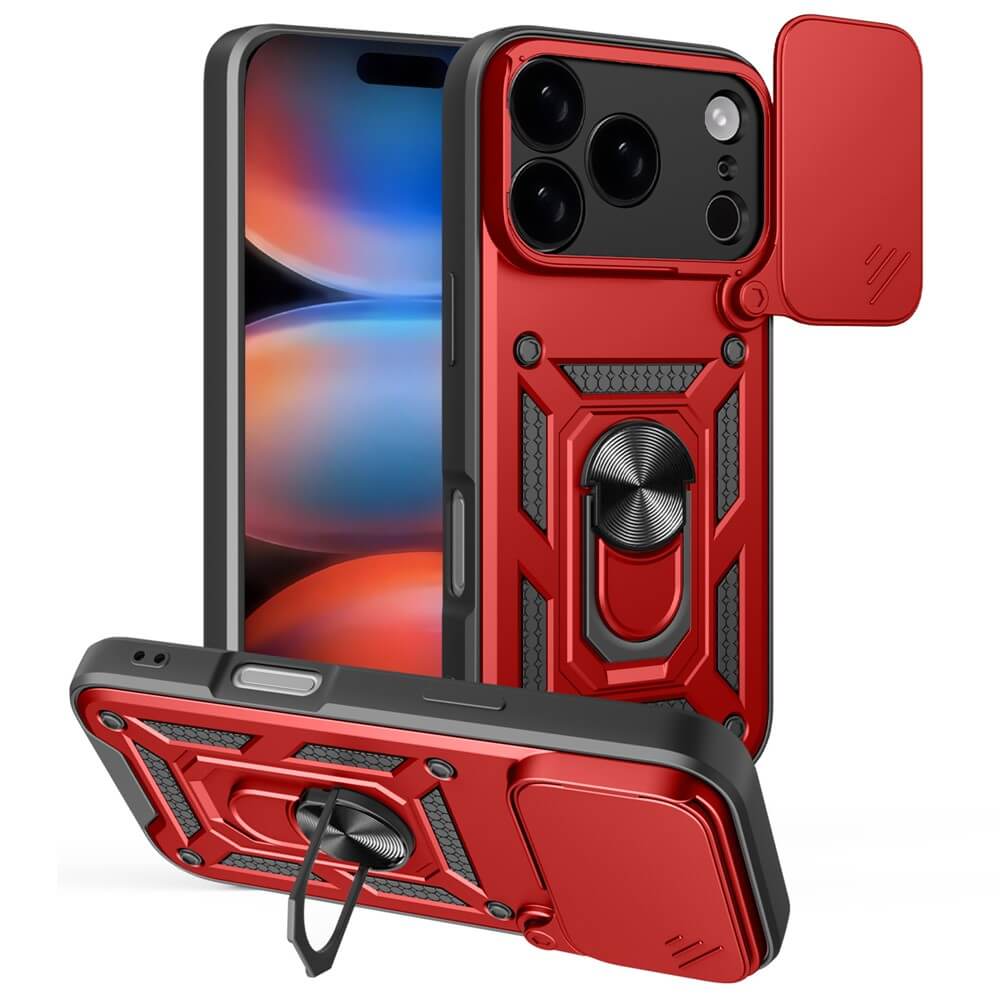 Cover-Discount iPhone 17 Pro Max - Armor Case mit Kickstand, rote robuste Schutzhülle mit Kameraschutz und praktischem Ringständer, am Smartphone angebracht und separat gezeigt.