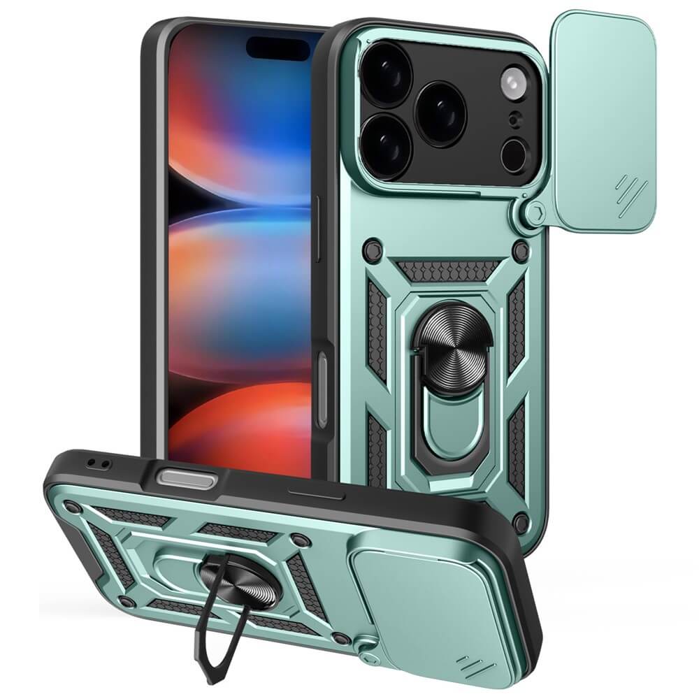 Das Cover-Discount iPhone 17 Pro Max - Armor Case mit Kickstand in mintgrün verfügt über einen Ring-Kickstand und eine Kameraabdeckung, die aus verschiedenen Blickwinkeln auf dem Telefon gezeigt werden und einen stilvollen, robusten Schutz bieten.
