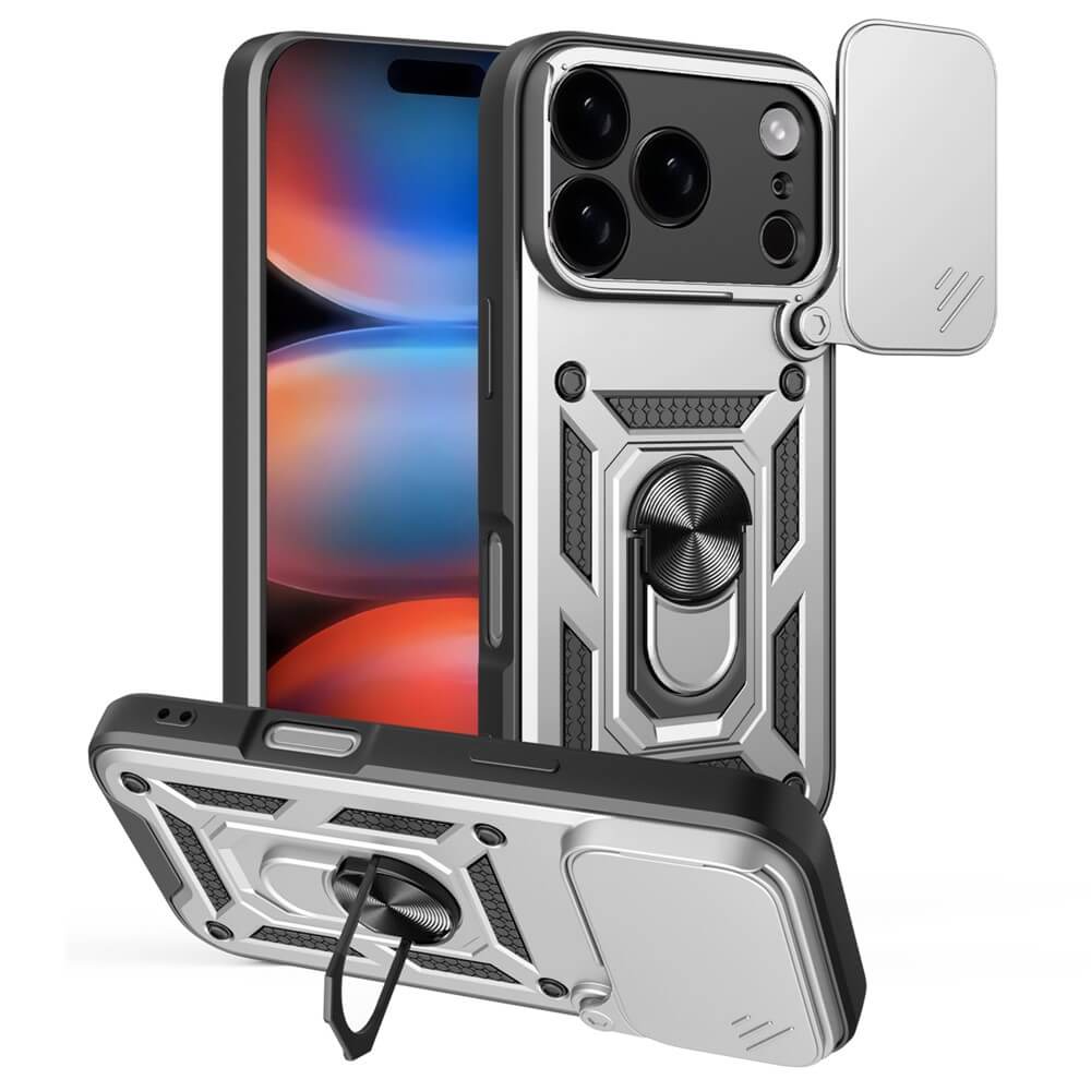 Das Cover-Discount iPhone 17 Pro Max - Armor Case mit Kickstand verfügt über eine Kameraabdeckung und einen robusten Schutz, der sich auf und neben dem Gerät zeigt und ultimative Funktionalität und Sicherheit für Ihr Smartphone vereint.
