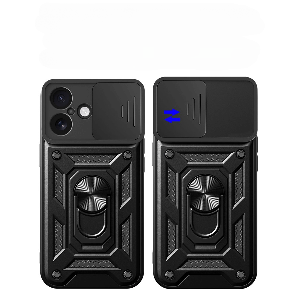 Zwei robuste schwarze Cover-Discount iPhone 17 - Armor Case mit Kickstand Fälle: eine mit dem Schiebe-Kamera-Abdeckung offen zeigt die Linsen, eine geschlossen für den vollen Schutz.
