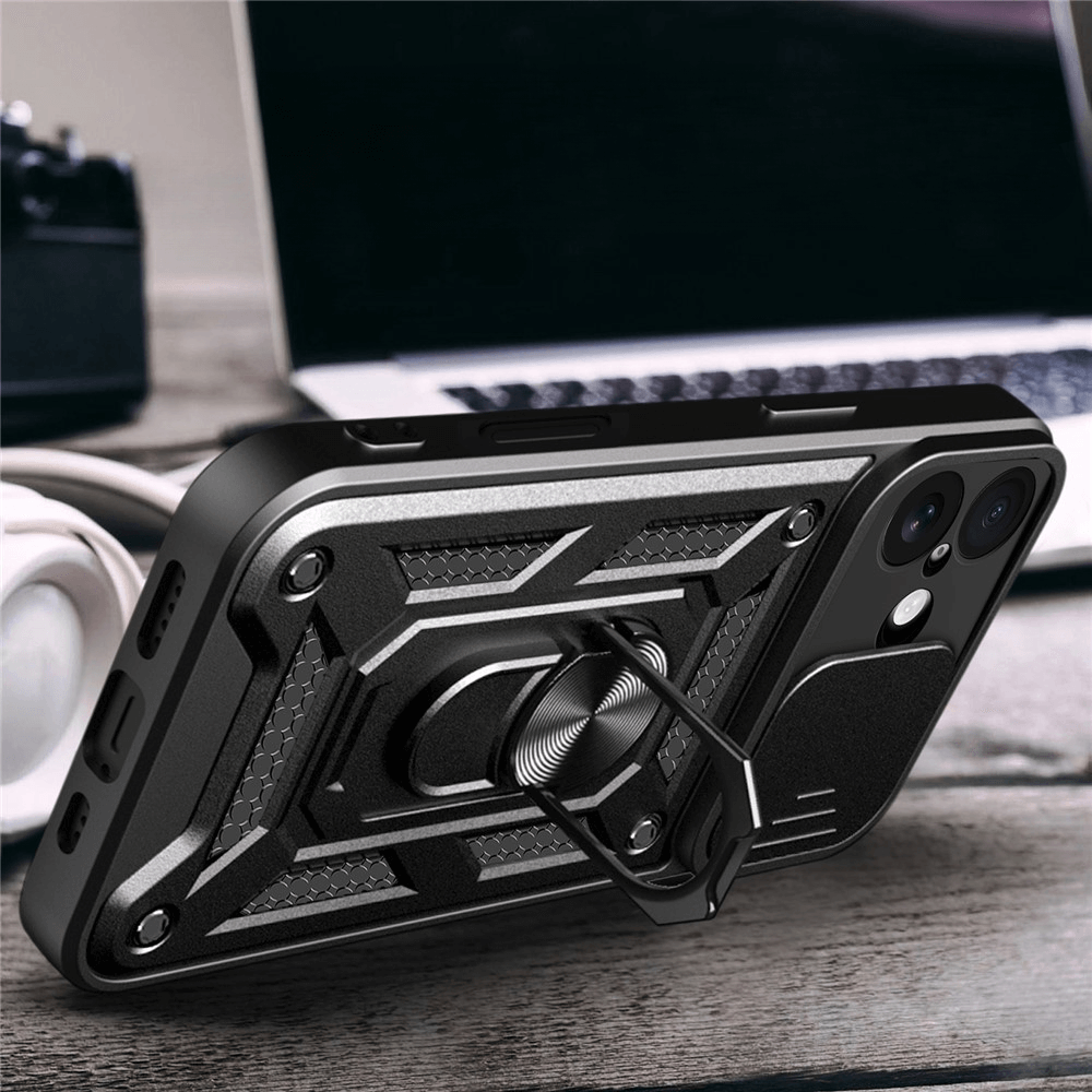 Das Cover-Discount iPhone 17 - Armor Case mit Kickstand verfügt über einen Metallringständer, mit dem Ihr Smartphone aufrecht auf einem Schreibtisch neben einem Laptop stehen kann.