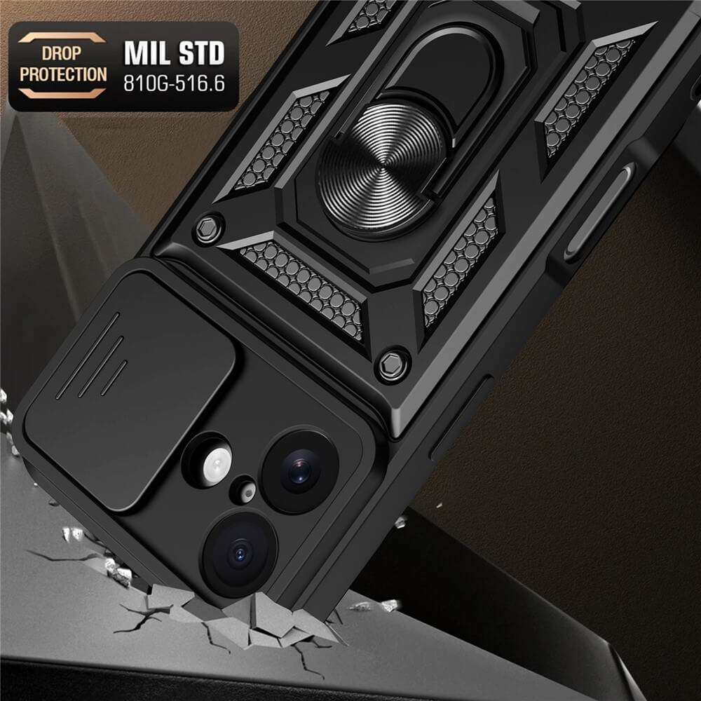 Cover-Discount's iPhone 17 - Armor Case mit Kickstand bietet Top-Schutz, Kameraabdeckung, MIL STD 810G-516.6 Bewertung, eingebauten Kickstand für freihändigen Gebrauch, und ist magnetische Handyhülle kompatibel-abgebildet auf gerissenem Beton.