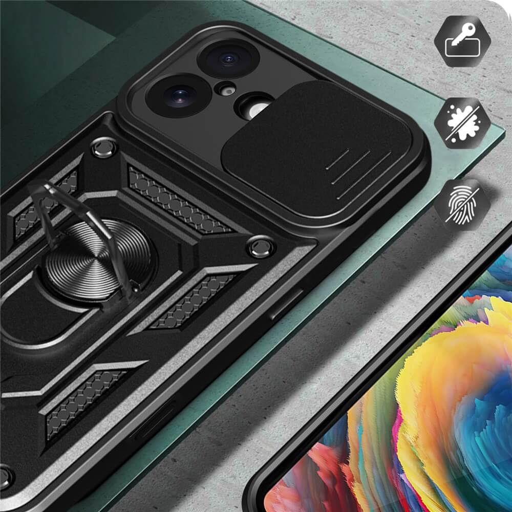 Cover-Discount's iPhone 17 - Armor Case mit Kickstand in Schwarz bietet Kameraabdeckung, Ringhalterung und verfügt über Icons für Fingerabdruck-, Staub- und Kratzschutz.