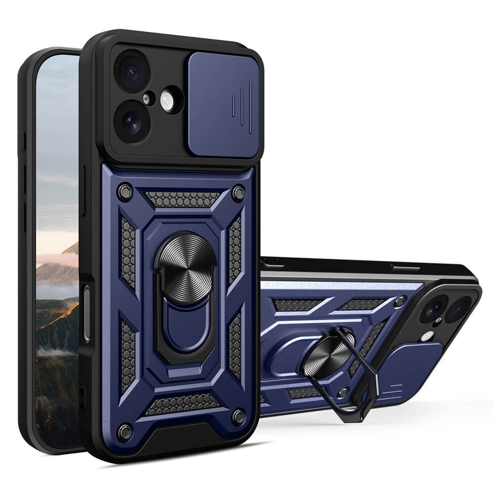 Zwei iPhone 17 Smartphones im robusten blauen Cover-Discount Armor Case mit Kickstand, jeweils mit Ringständer und verschiebbarer Kameraabdeckung, nebeneinander dargestellt.