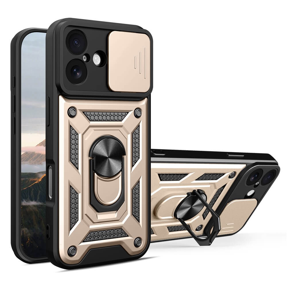 Zwei goldene und schwarze Cover-Discount iPhone 17 - Armor Case mit Kickstand Fällen bieten integrierte Kickständer und Schiebe-Kamera-Abdeckungen, die Mischung aus Stil und Schutz für Ihr Telefon.